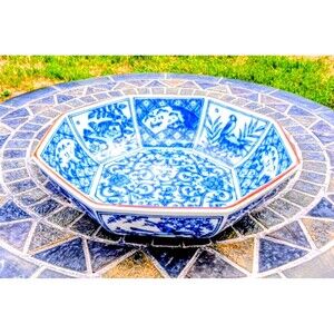 Vintage Arita Ware Japanese Porcelain Blue & White Multi-Panelled Decor Bowl EUC